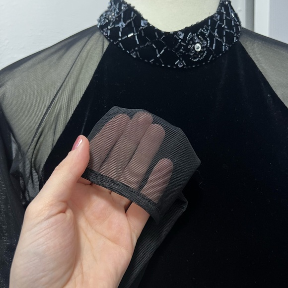 Vintage Velvet Black Dress with Sheer Sleeves - Picture 6 of 8